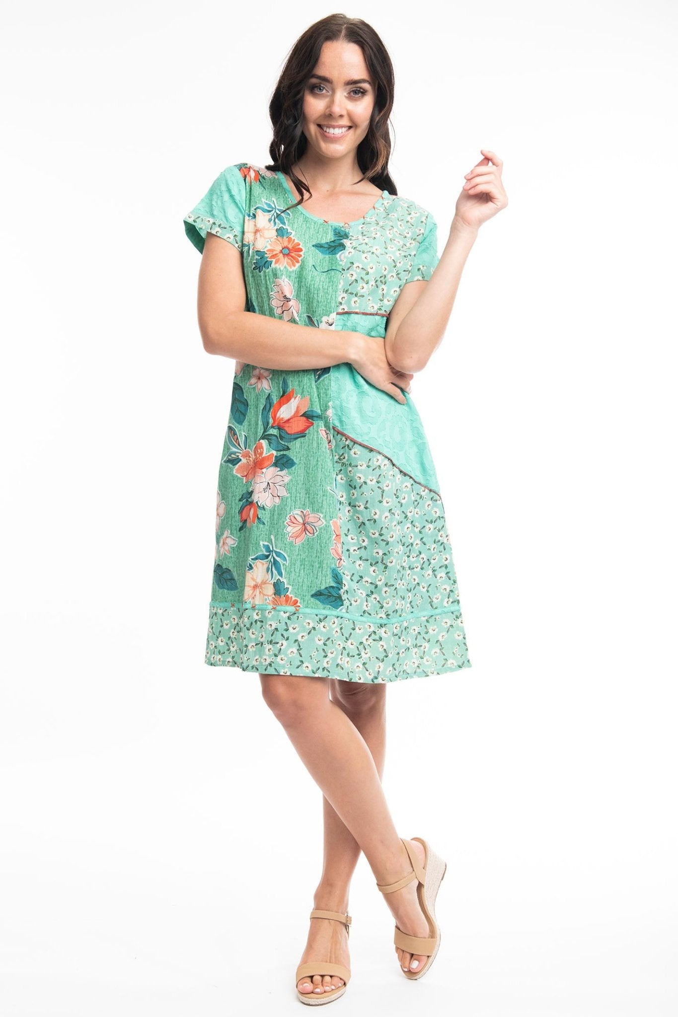 Orientique 61597 Green Kaleici Print Round Neck Dress- Dotique
