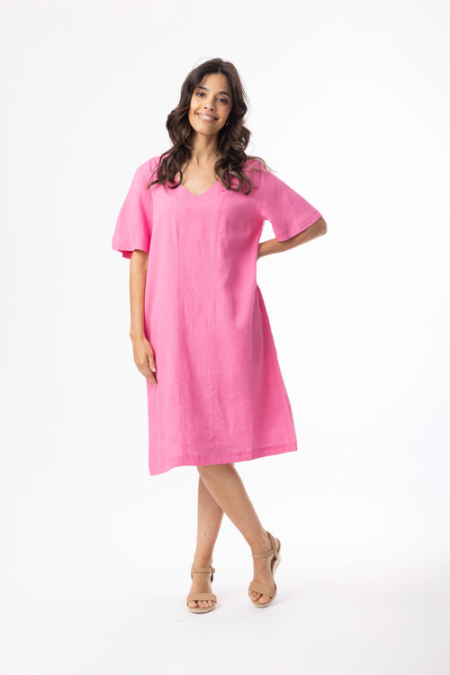 Model front wearing Orientique 61766 Linen Essentials Shift Dress Hot Pink by orientique, shop orientique at Dotique