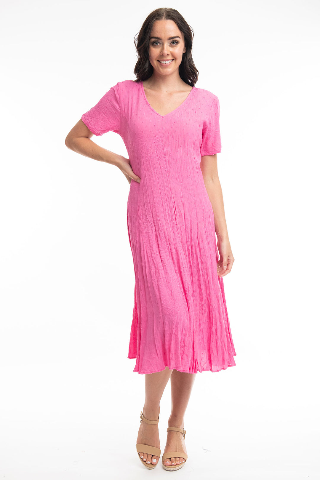 Orientique 81261 Rose Pink Short Sleeve Godet Dress - Dotique