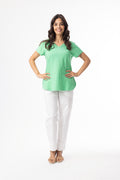 Model wearing Orientique 92129 Knit Essentials V-neck Tee Green by orientique, shop orientique styles at Dotique in front view