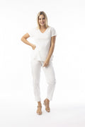 Model standing front wearing Orientique 92129 Knit Essentials V-neck Tee White by orientique, shop orientique at Dotique