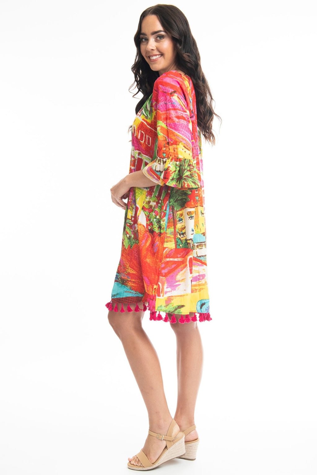 Orientique Aiya Napa 3077 Orange Print Tassle Hem Dress - Dotique