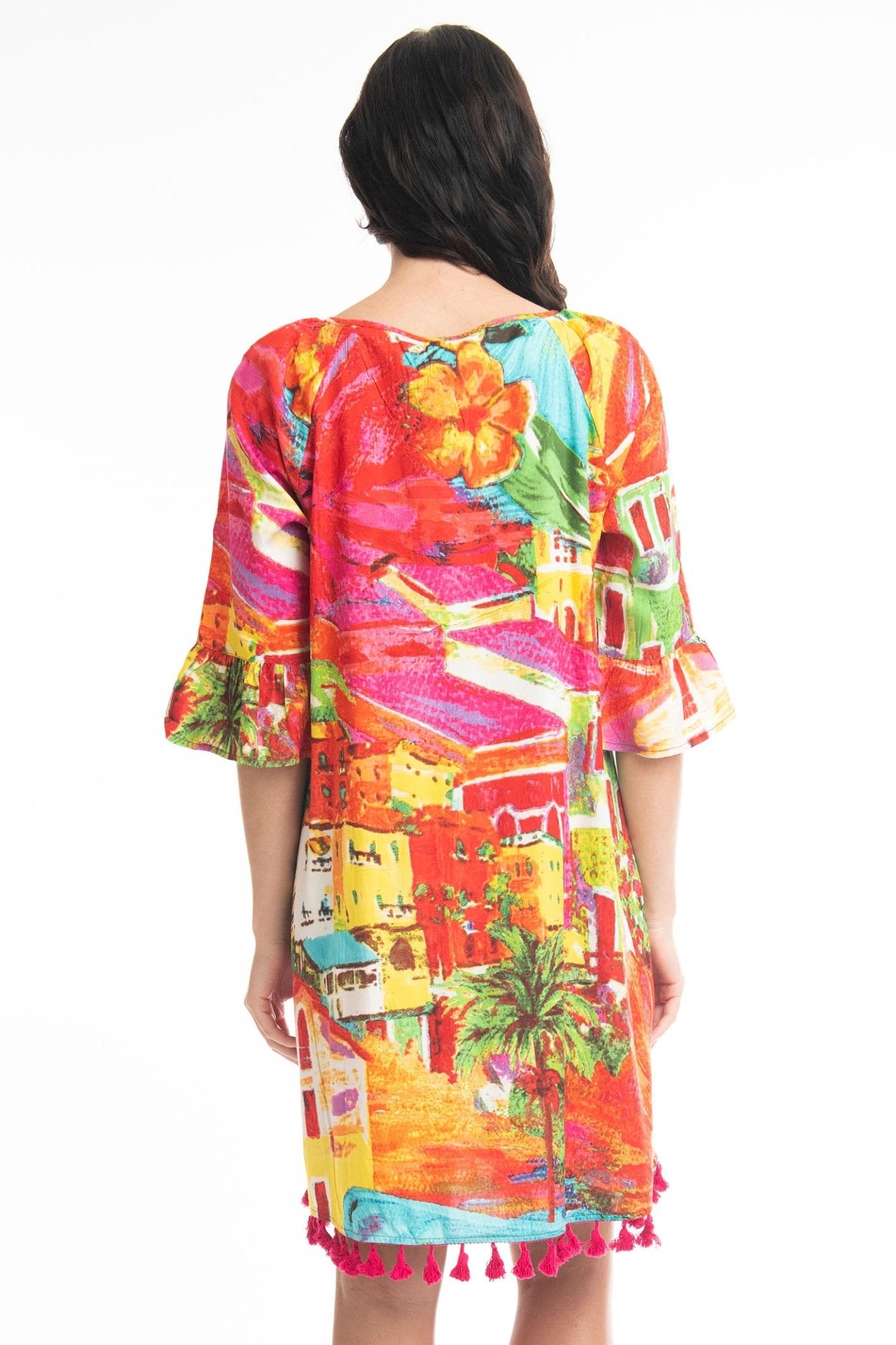 Orientique Aiya Napa 3077 Orange Print Tassle Hem Dress - Dotique
