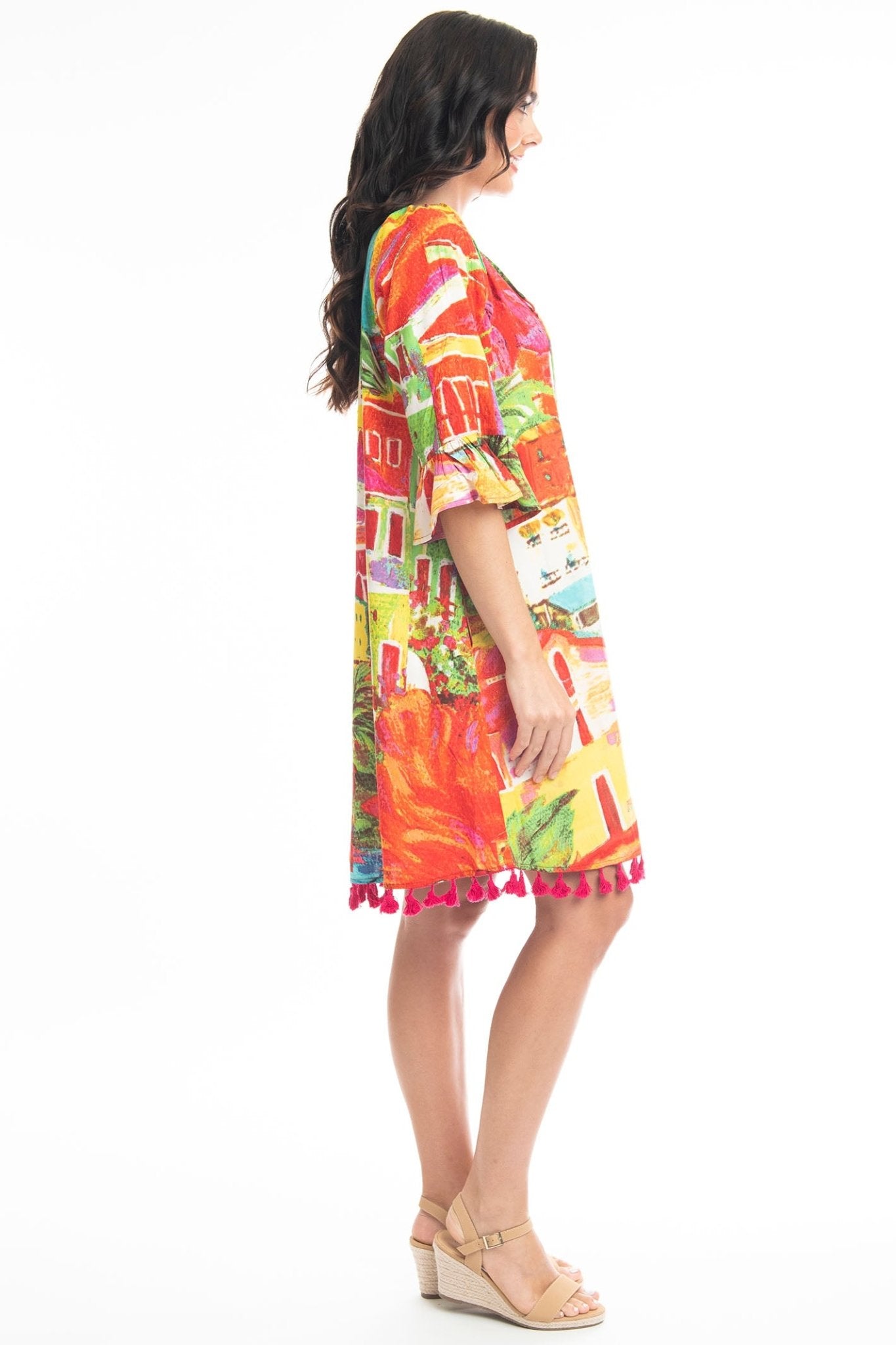 Orientique Aiya Napa 3077 Orange Print Tassle Hem Dress - Dotique