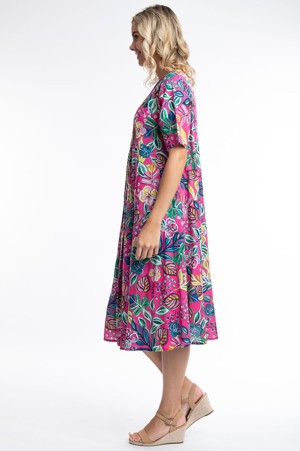 Orientique Balat 81263 Pink Tropical Print Pleat Front V-Neck Dress - Dotique