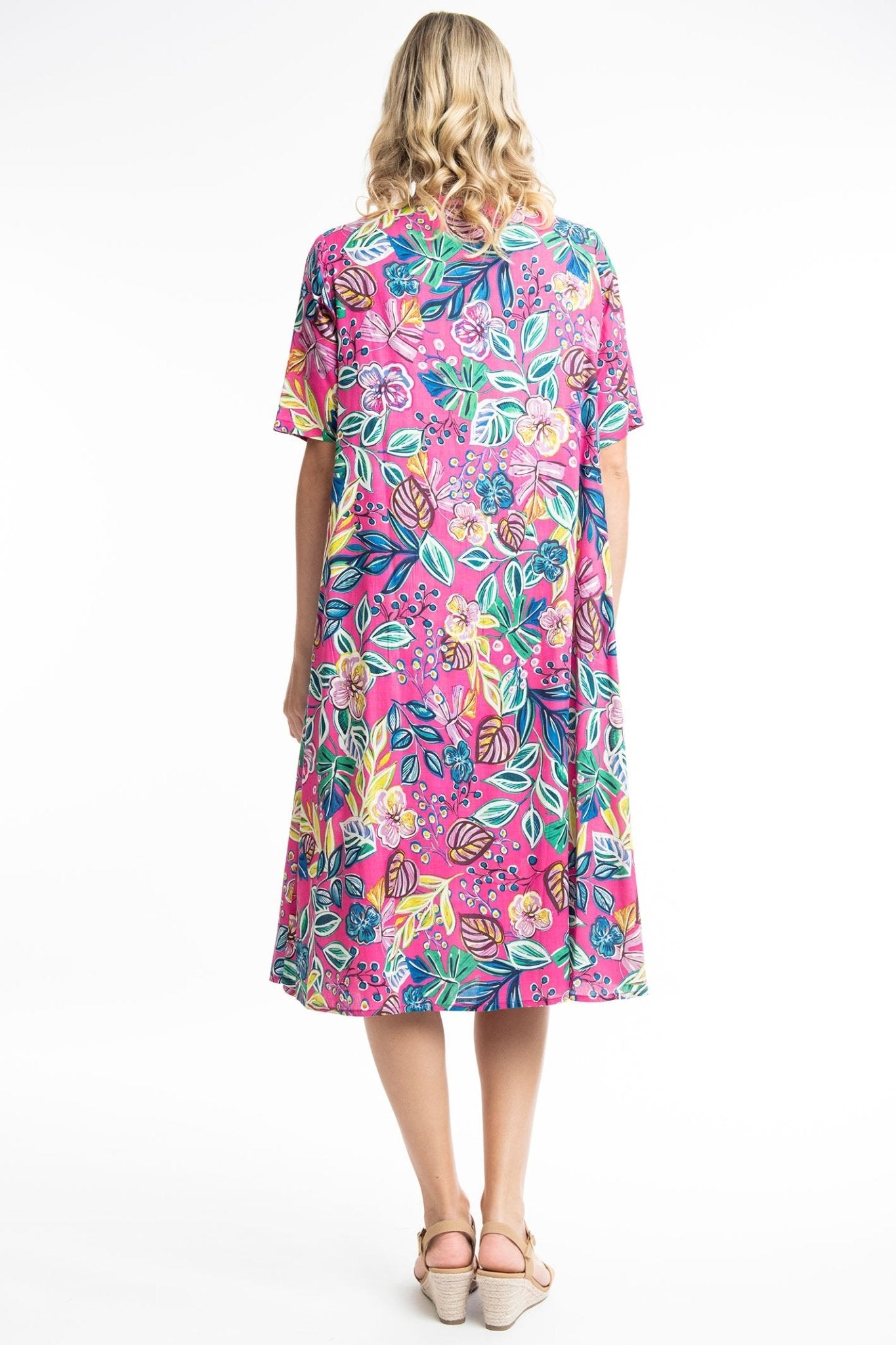 Orientique Balat 81263 Pink Tropical Print Pleat Front V-Neck Dress - Dotique