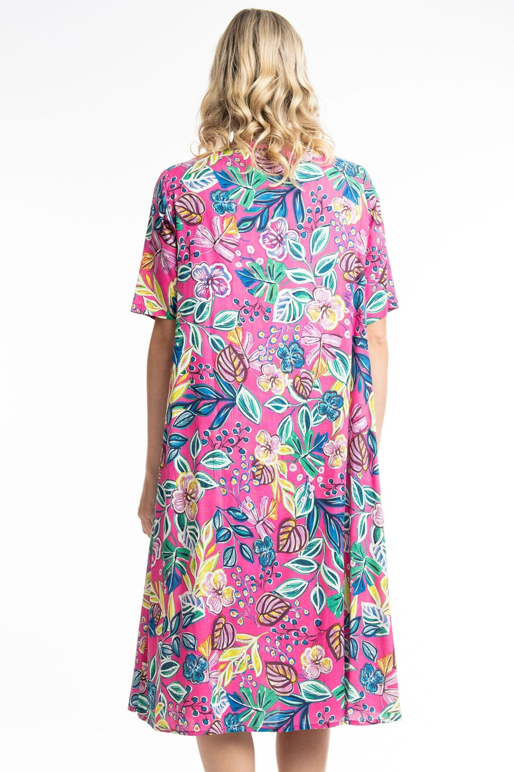 Orientique Balat 81263 Pink Tropical Print Pleat Front V-Neck Dress - Dotique