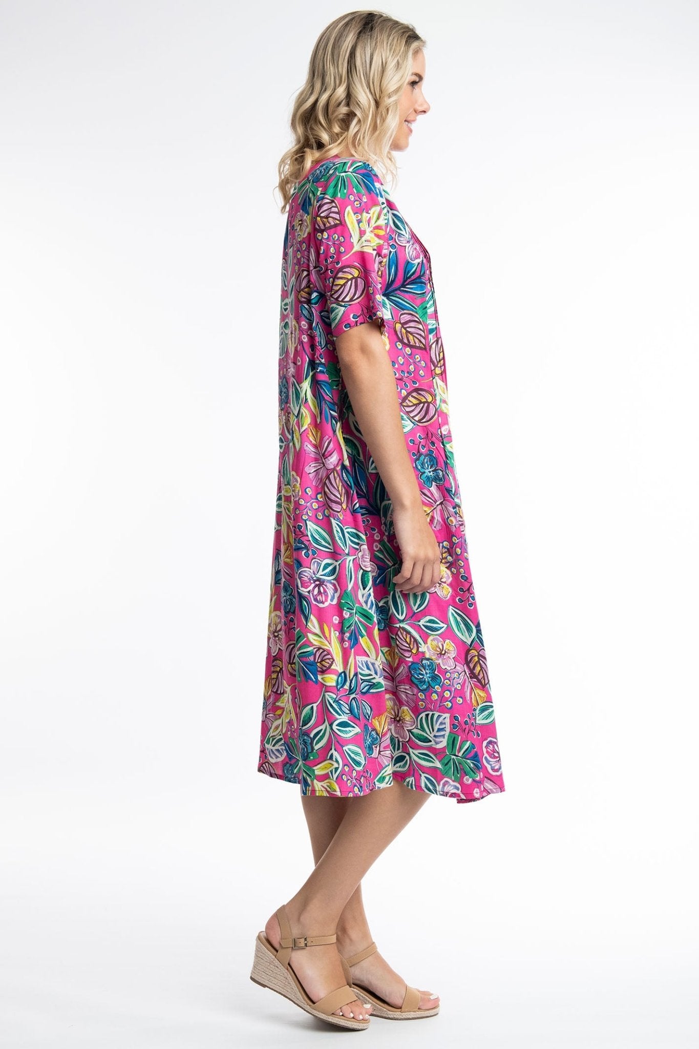 Orientique Balat 81263 Pink Tropical Print Pleat Front V-Neck Dress - Dotique