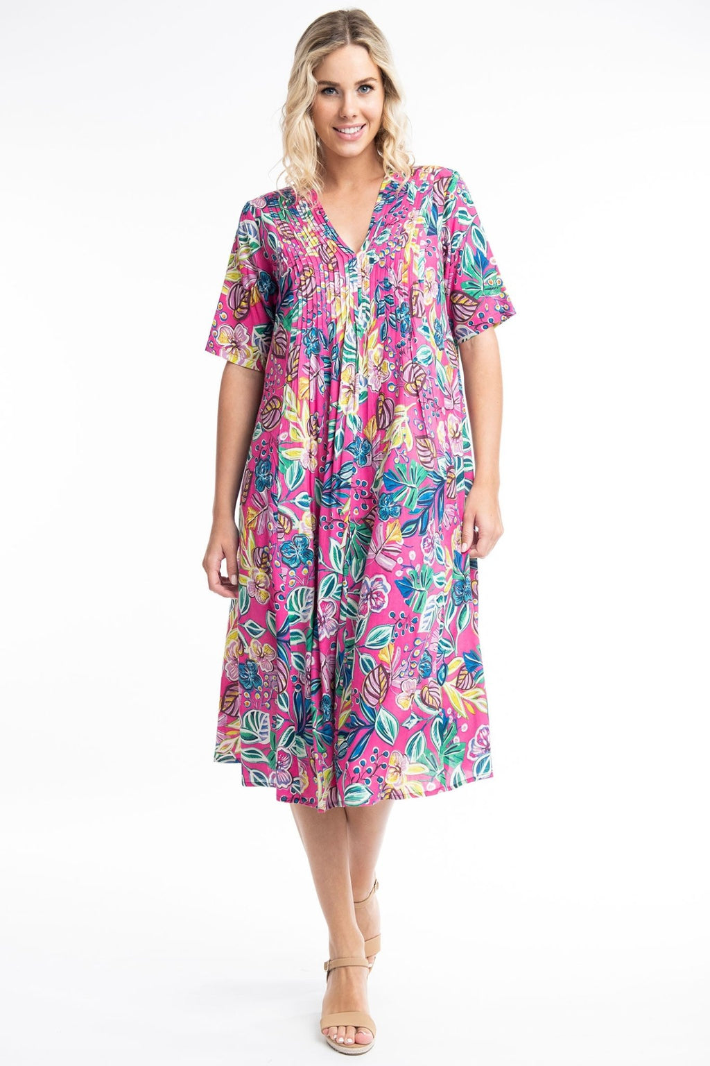 Orientique Balat 81263 Pink Tropical Print Pleat Front V-Neck Dress - Dotique
