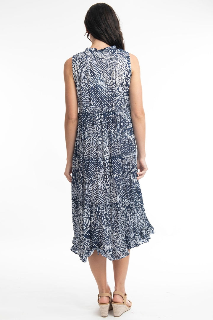 Orientique Leros 41098 Navy Print Tassle Neck Dress - Dotique