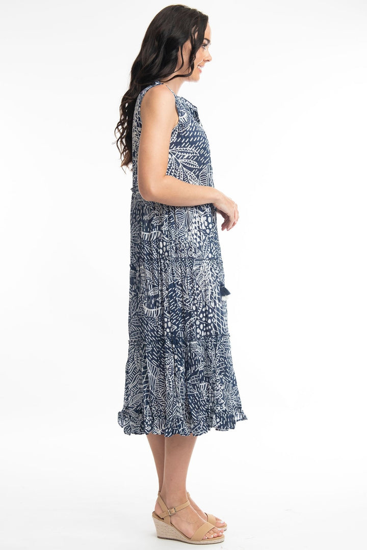 Orientique Leros 41098 Navy Print Tassle Neck Dress - Dotique