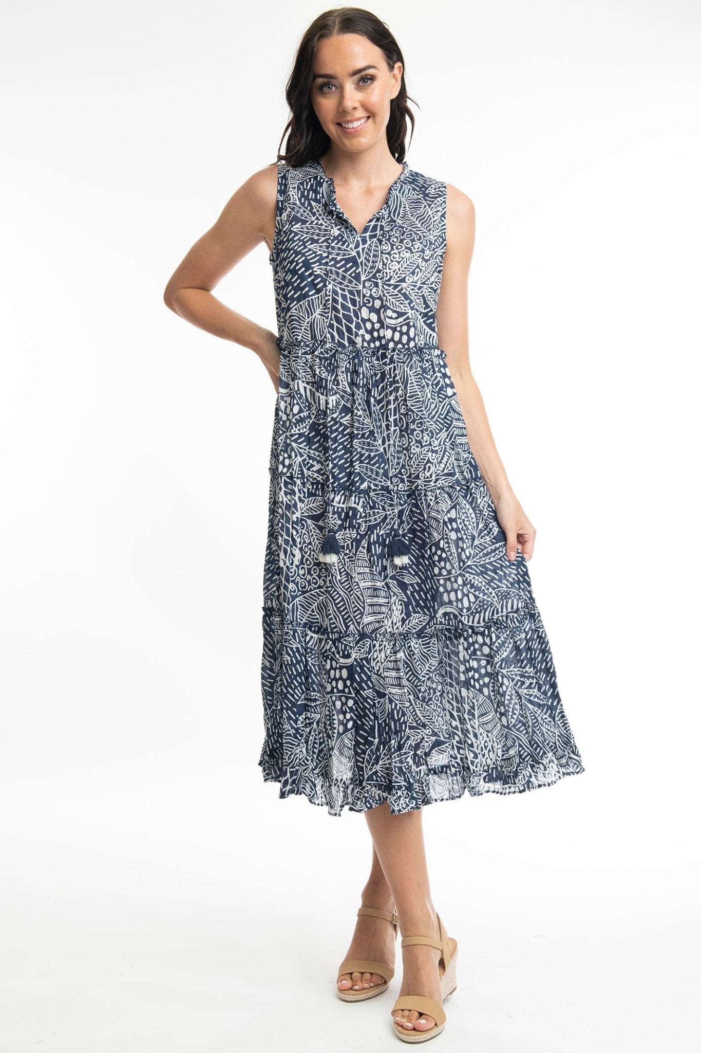 Orientique Leros 41098 Navy Print Tassle Neck Dress - Dotique