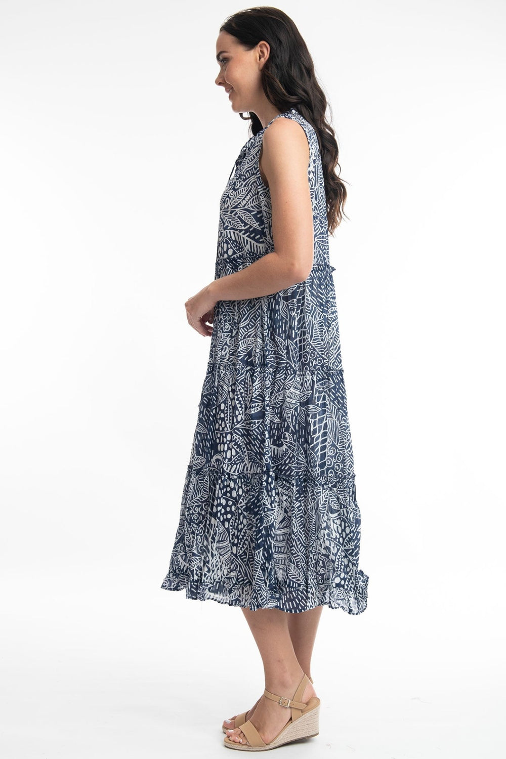 Orientique Leros 41098 Navy Print Tassle Neck Dress - Dotique