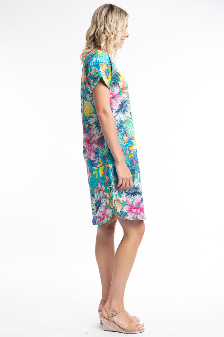 Orientique Los 3090 Blue Floral Print Reversible Short Sleeve Dress - Dotique