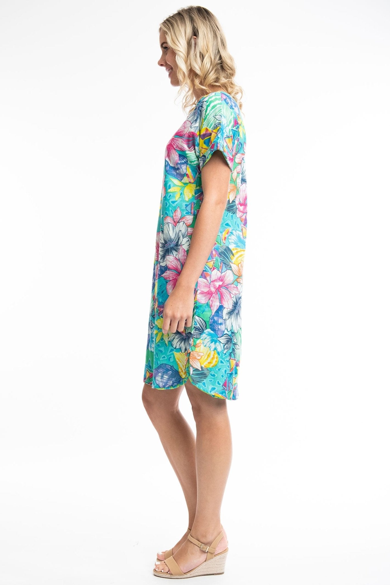 Orientique Los 3090 Blue Floral Print Reversible Short Sleeve Dress - Dotique