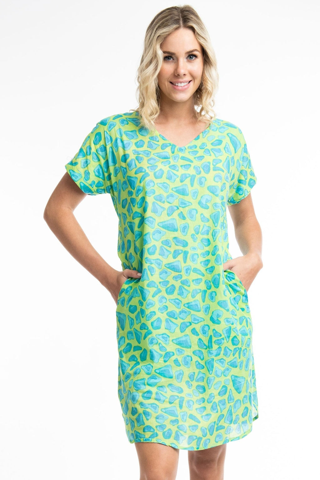 Orientique Los 3090 Blue Floral Print Reversible Short Sleeve Dress - Dotique