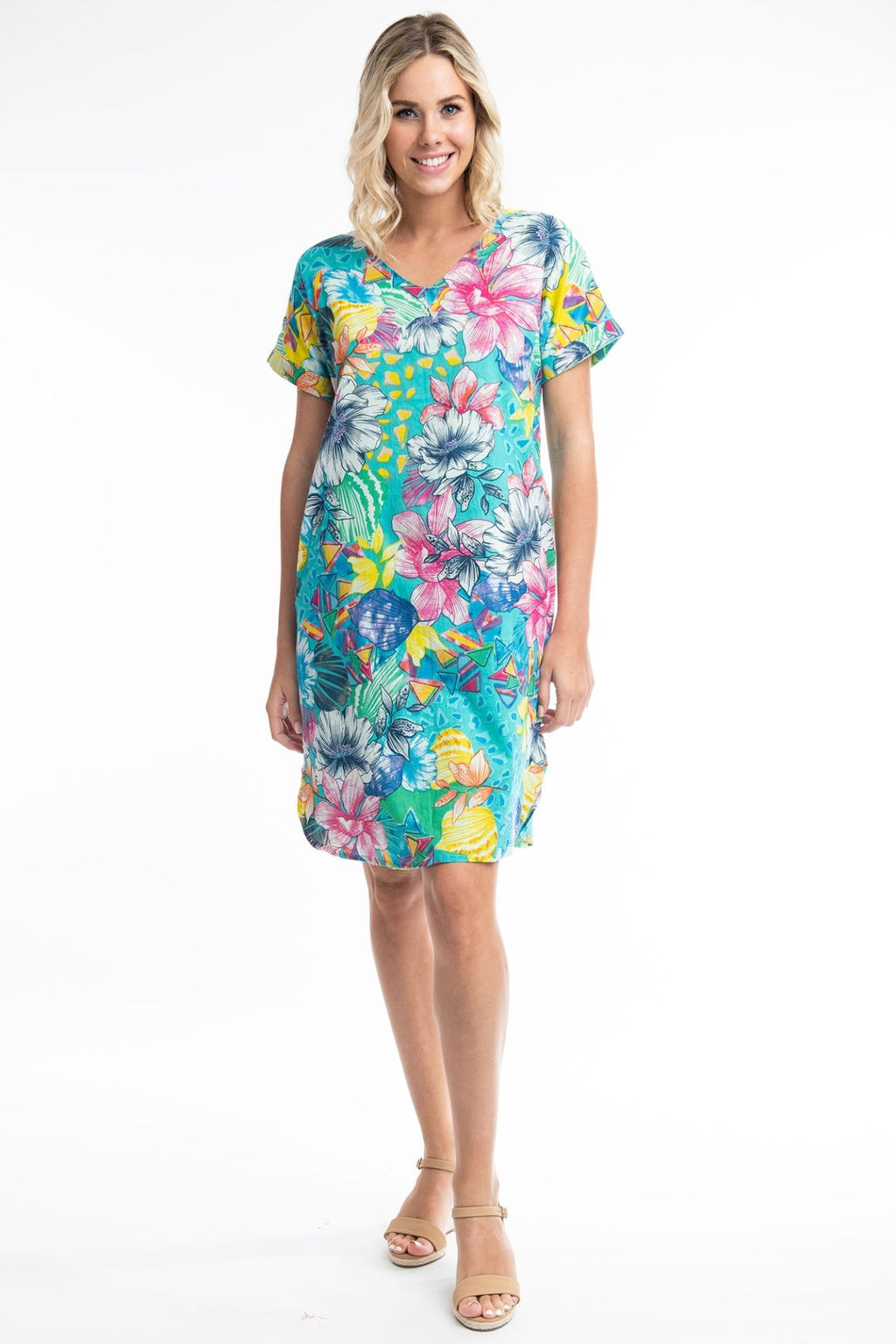 Orientique Los 3090 Blue Floral Print Reversible Short Sleeve Dress - Dotique