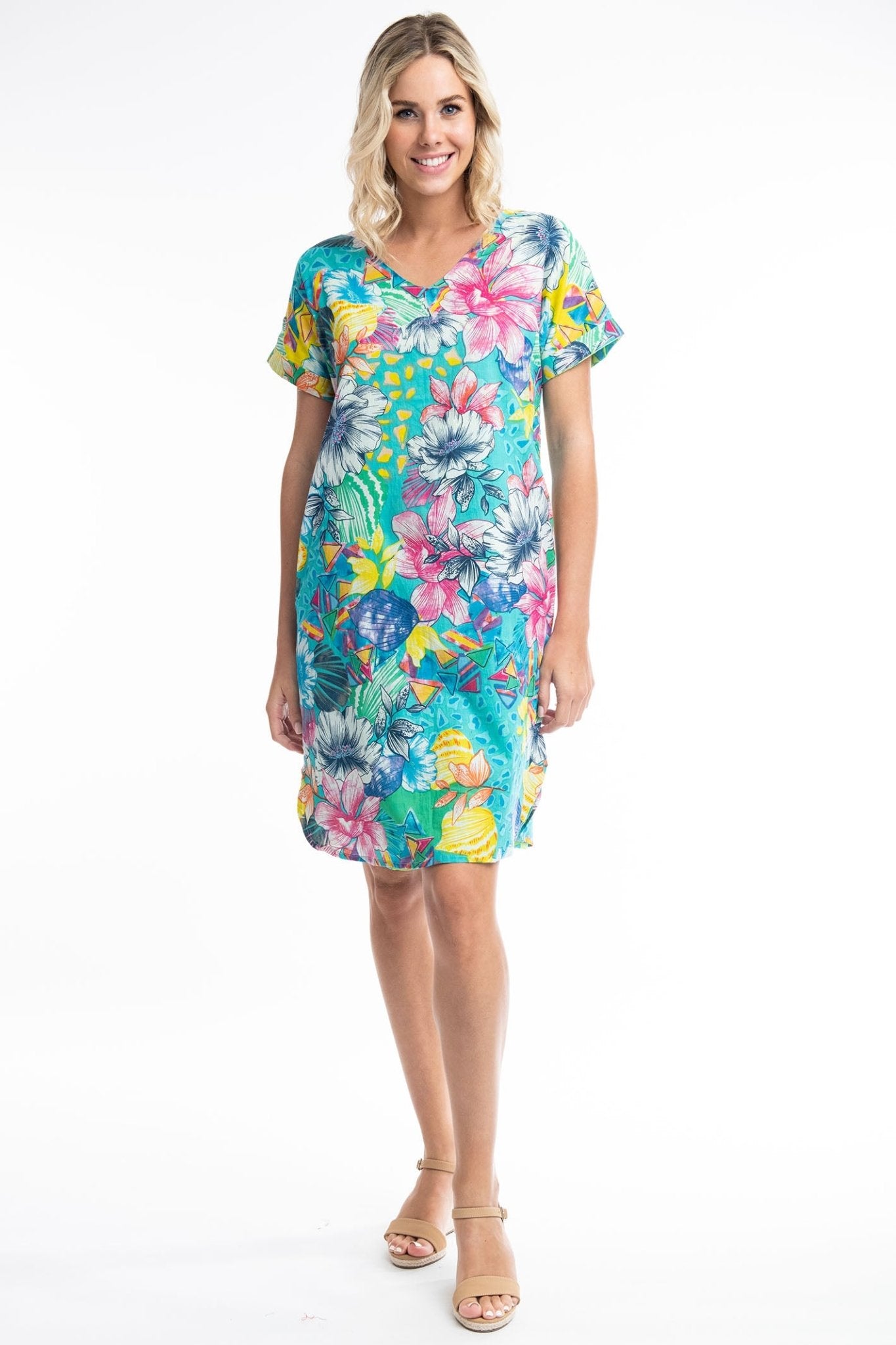 Orientique Los 3090 Blue Floral Print Reversible Short Sleeve Dress - Dotique