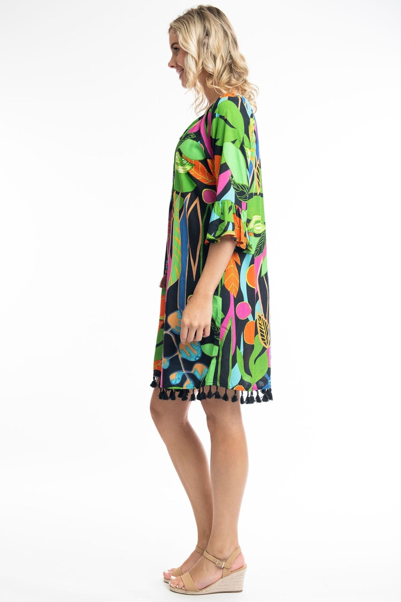 Orientique Nicossia 9184 Black Tropical Print Tassle Hem Dress - Dotique