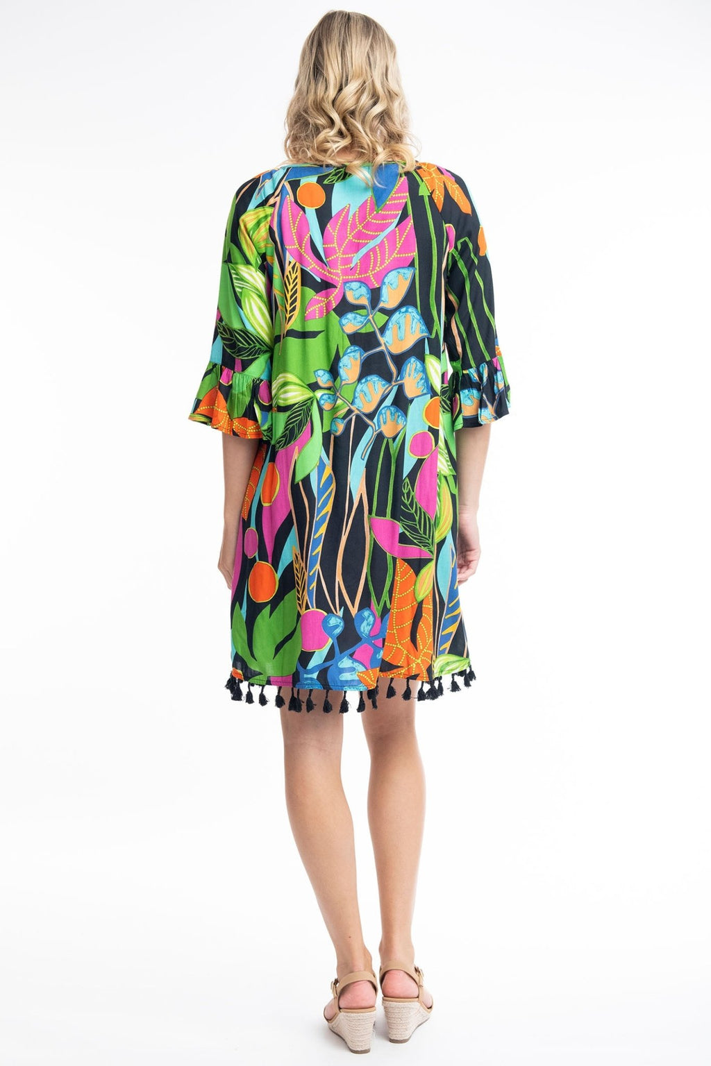 Orientique Nicossia 9184 Black Tropical Print Tassle Hem Dress - Dotique