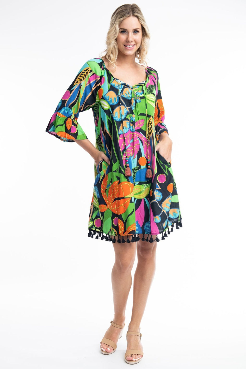 Orientique Nicossia 9184 Black Tropical Print Tassle Hem Dress - Dotique