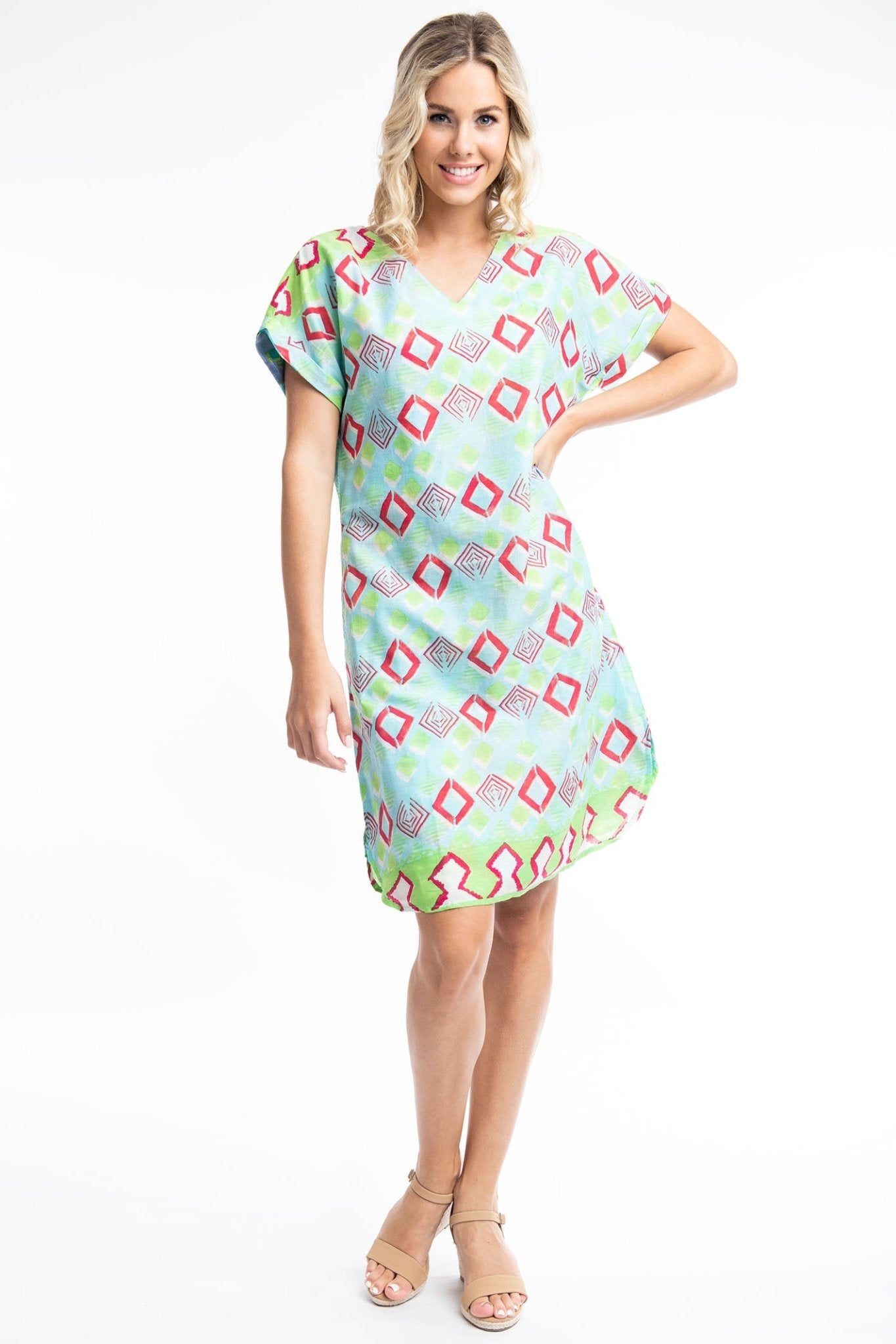 Orientique Zio 41009 Turquoise Print Reversible Short Sleeve Dress - Dotique