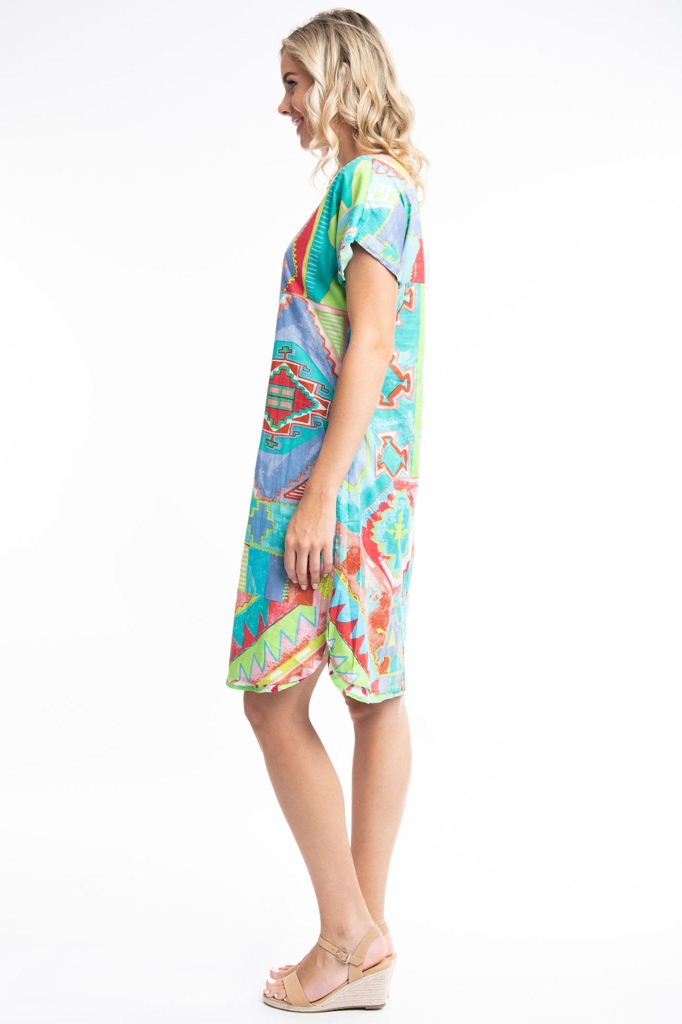 Orientique Zio 41009 Turquoise Print Reversible Short Sleeve Dress - Dotique