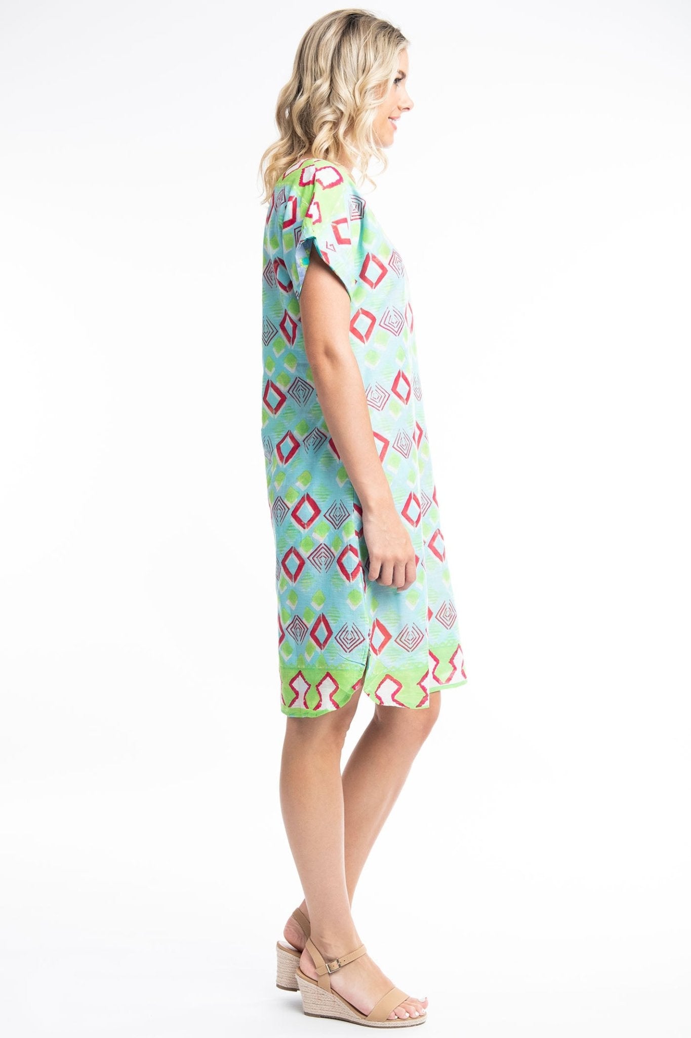 Orientique Zio 41009 Turquoise Print Reversible Short Sleeve Dress - Dotique