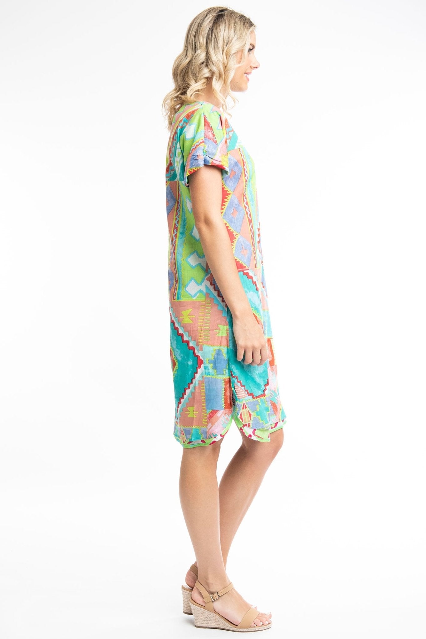 Orientique Zio 41009 Turquoise Print Reversible Short Sleeve Dress - Dotique