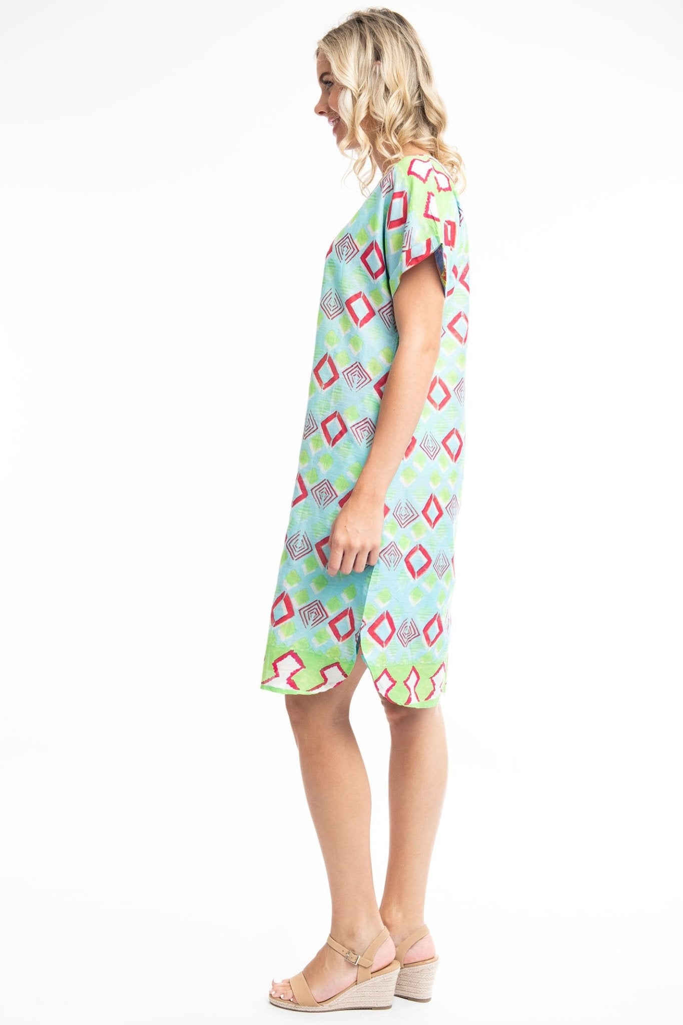 Orientique Zio 41009 Turquoise Print Reversible Short Sleeve Dress - Dotique