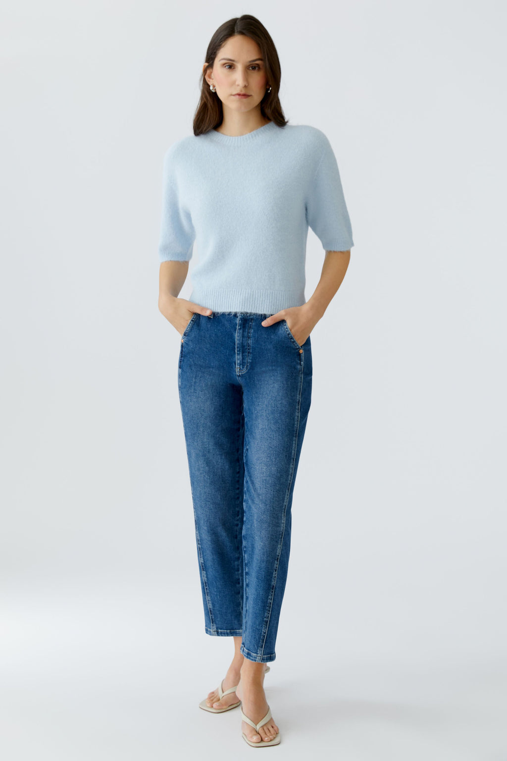 Model wearing Oui 97620 Celestial Blue Round Neck Jumper by Oui in soft alpaca blend knit Shop Oui at Dotique