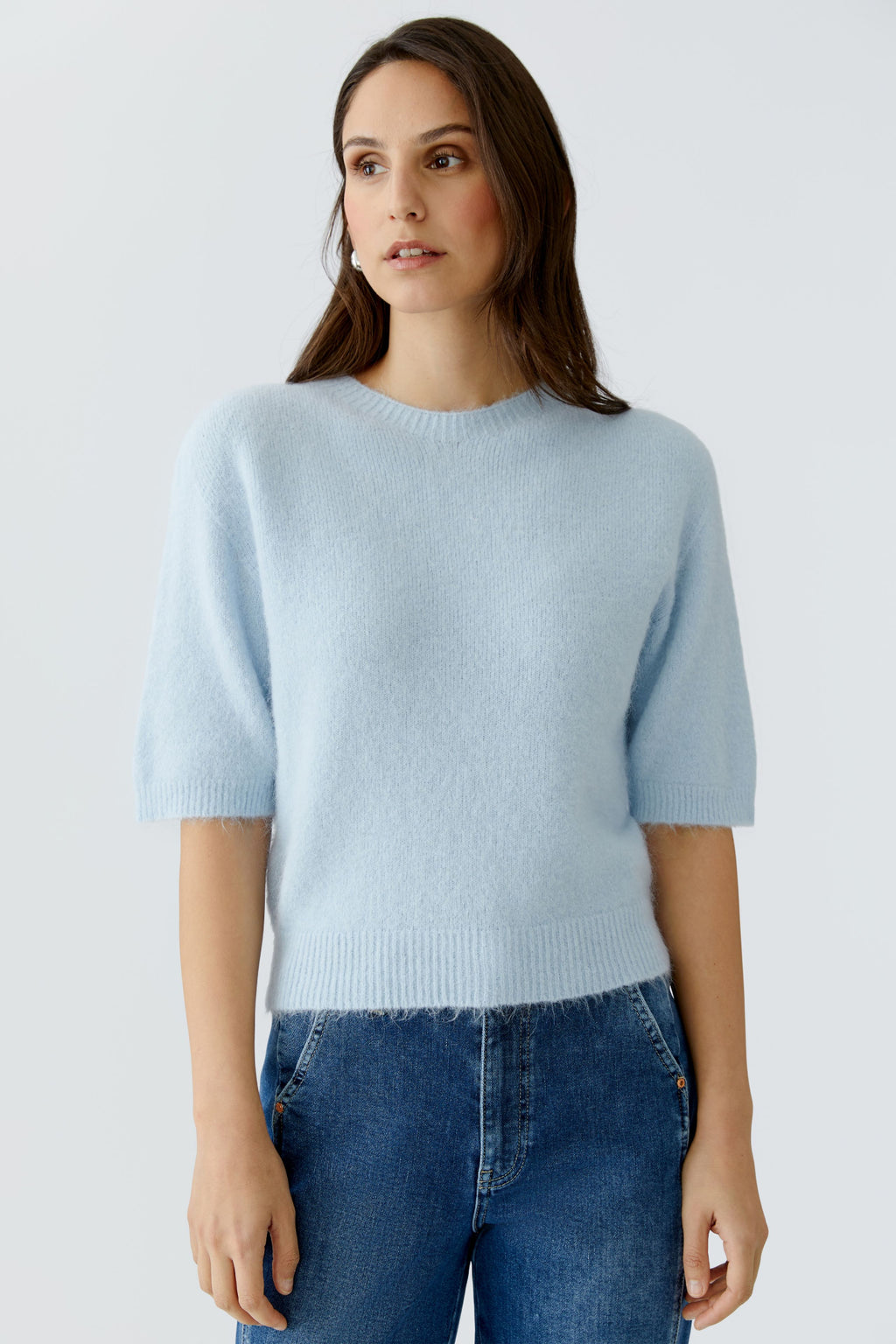 Woman wearing Oui 97620 Celestial Blue Round Neck Jumper by Oui in soft alpaca blend knit Shop Oui at Dotique