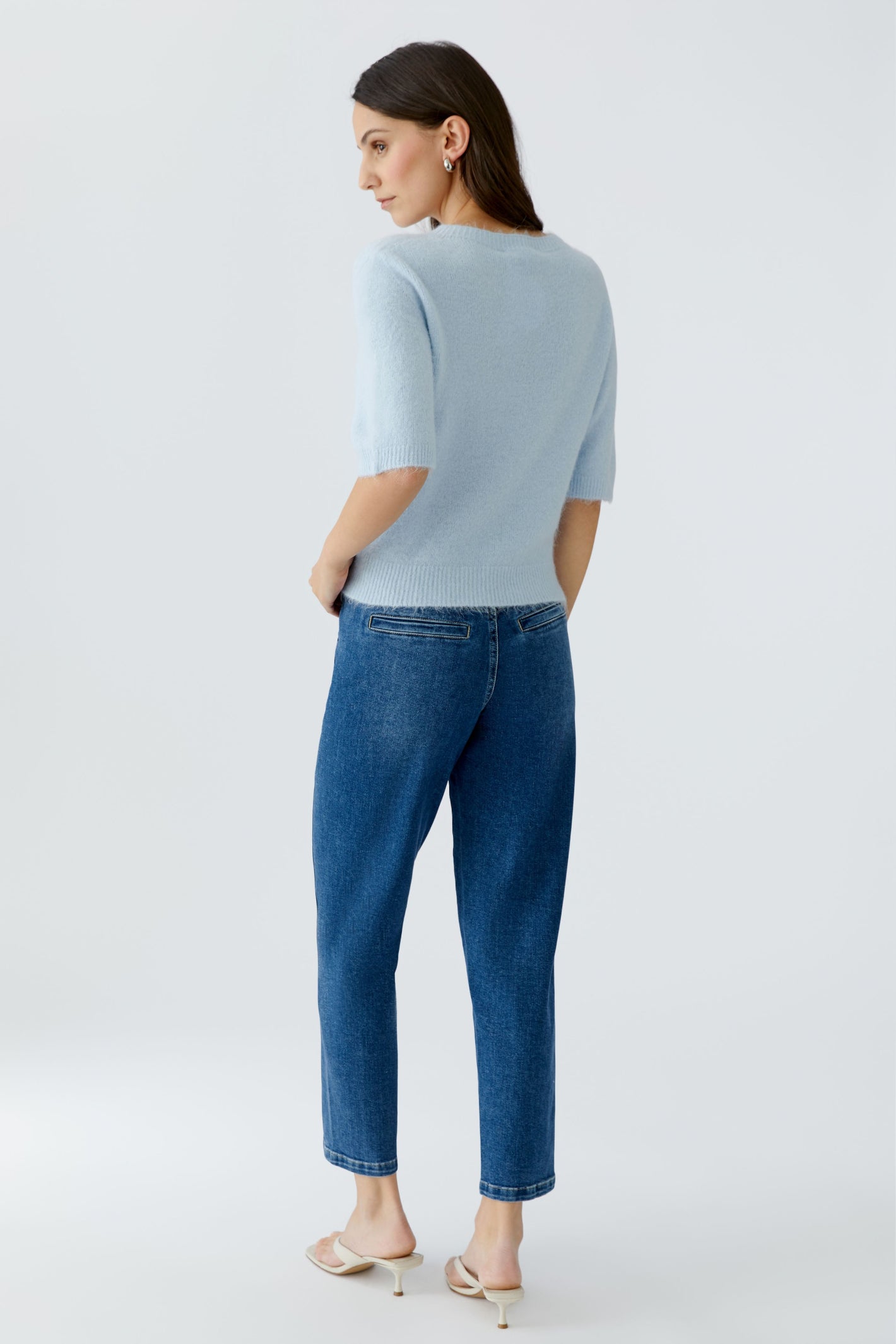 Back view of model wearing Oui 97620 Celestial Blue Round Neck Jumper by Oui Shop Oui at Dotique in soft alpaca blend knit