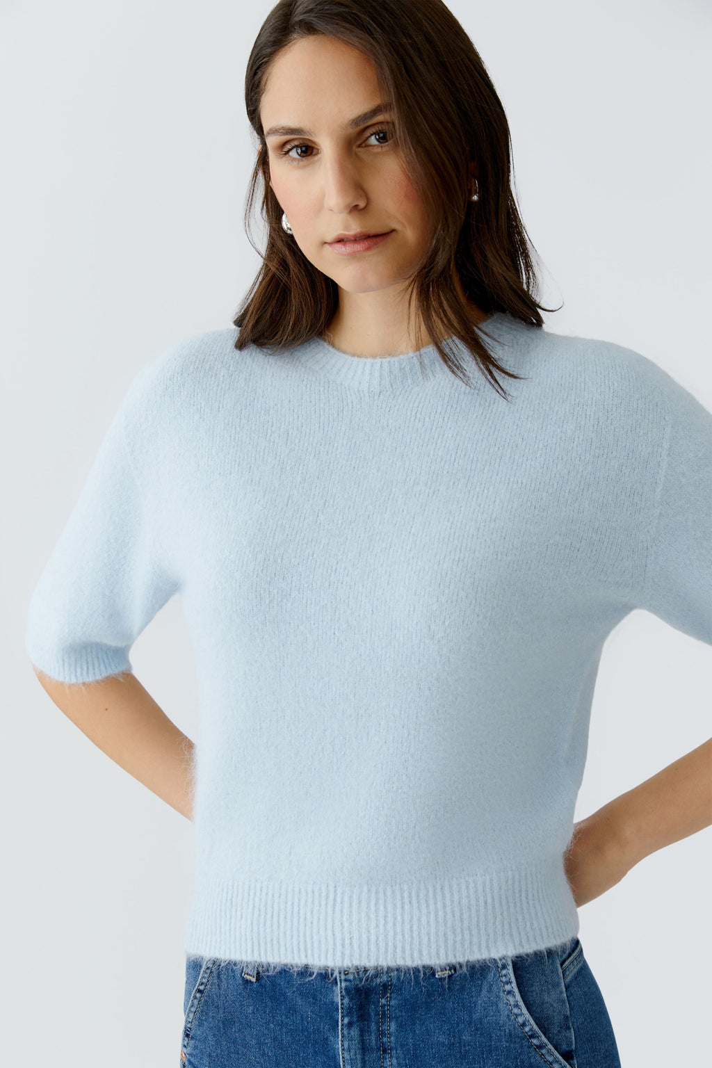 Woman modeling Oui 97620 Celestial Blue Round Neck Jumper by Oui in soft alpaca blend Shop Oui at Dotique