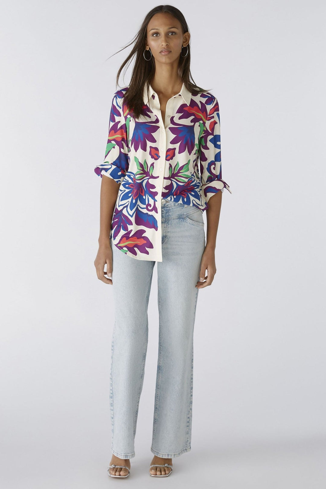Oui 85995 White Violet Floral Print Shirt - Dotique