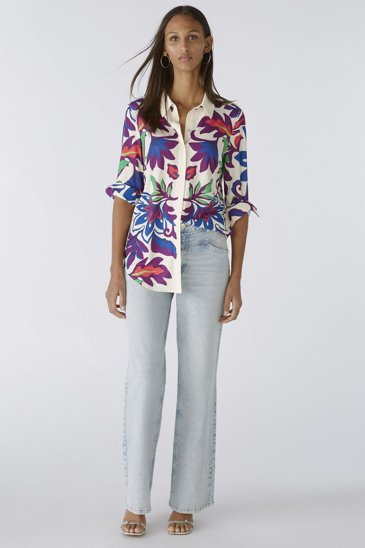 Oui 85995 White Violet Floral Print Shirt - Dotique