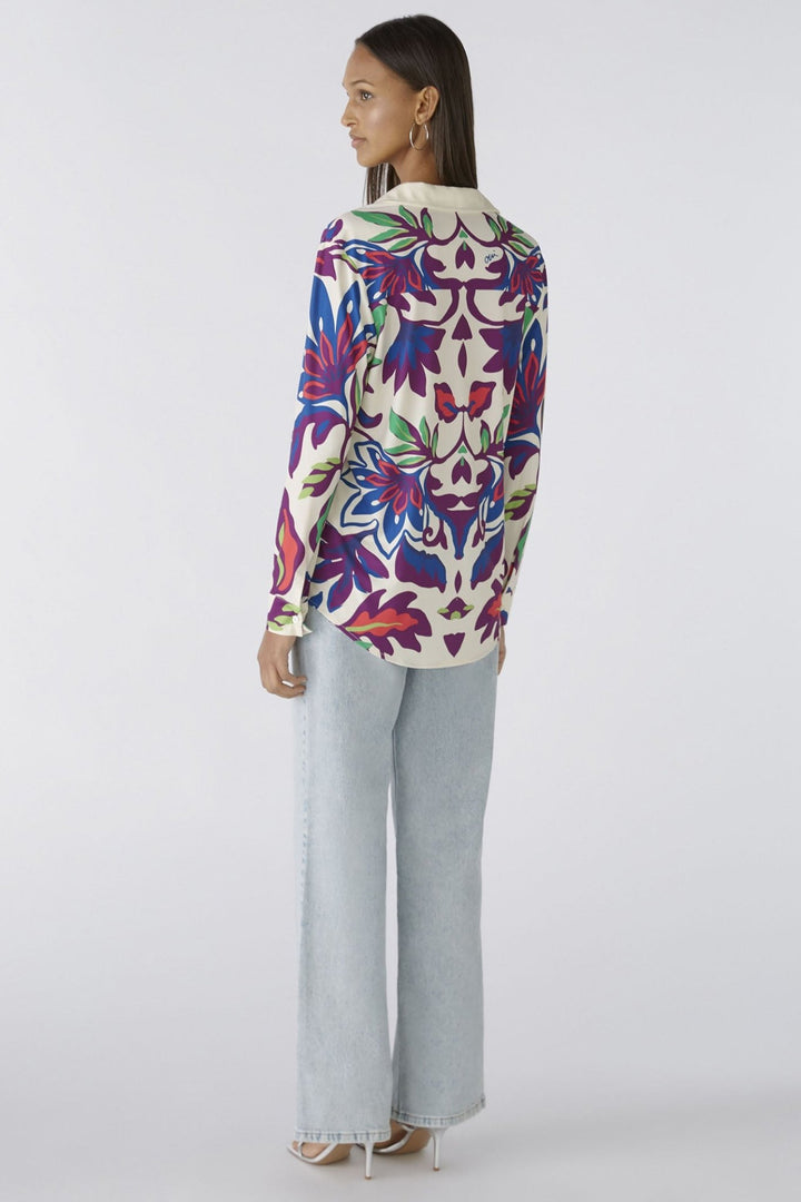 Oui 85995 White Violet Floral Print Shirt - Dotique
