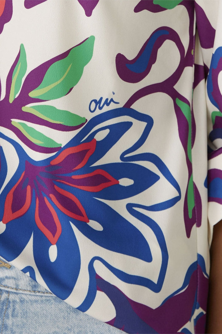Oui 85995 White Violet Floral Print Shirt - Dotique