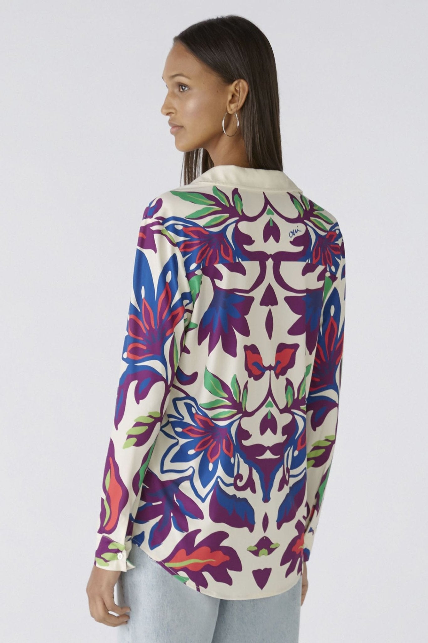 Oui 85995 White Violet Floral Print Shirt - Dotique