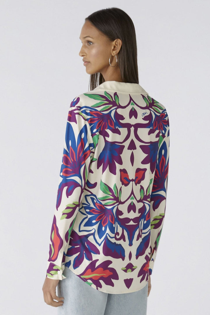 Oui 85995 White Violet Floral Print Shirt - Dotique