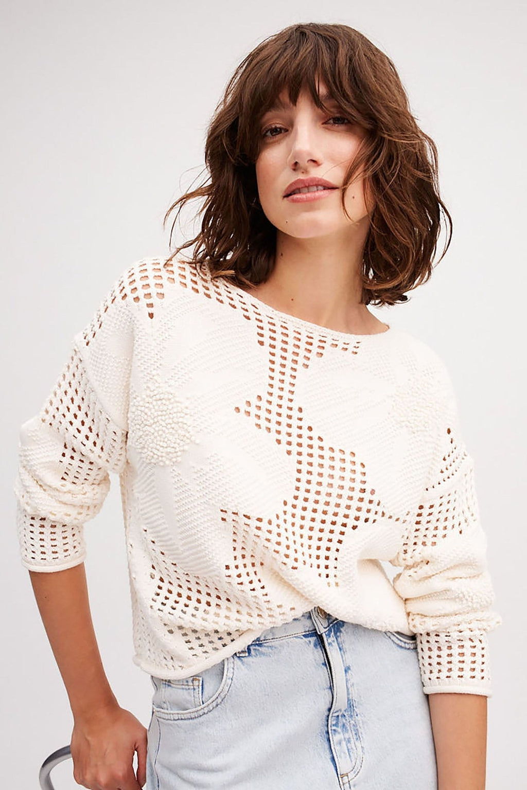 Oui 86664 Gardenia Cream Mesh Knit Jumper - Dotique
