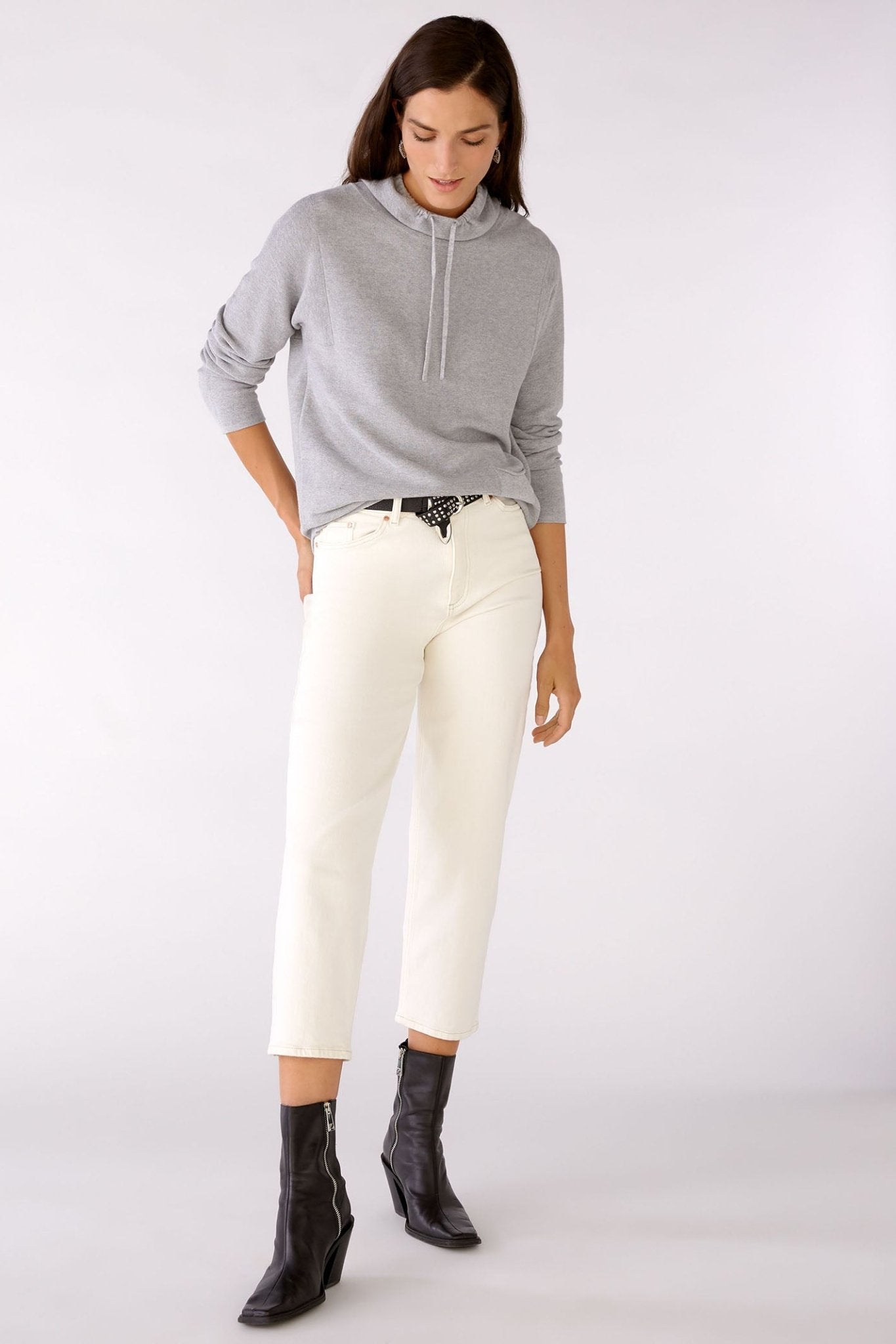 Oui 77984 Grey Drawstring Neck Jumper - Dotique Chesterfield
