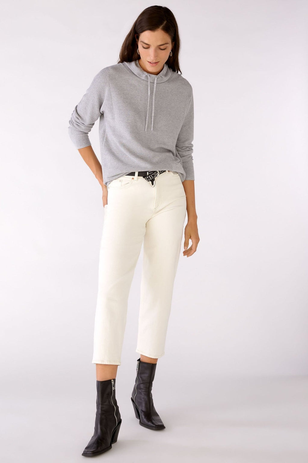 Oui 77984 Grey Drawstring Neck Jumper - Dotique Chesterfield