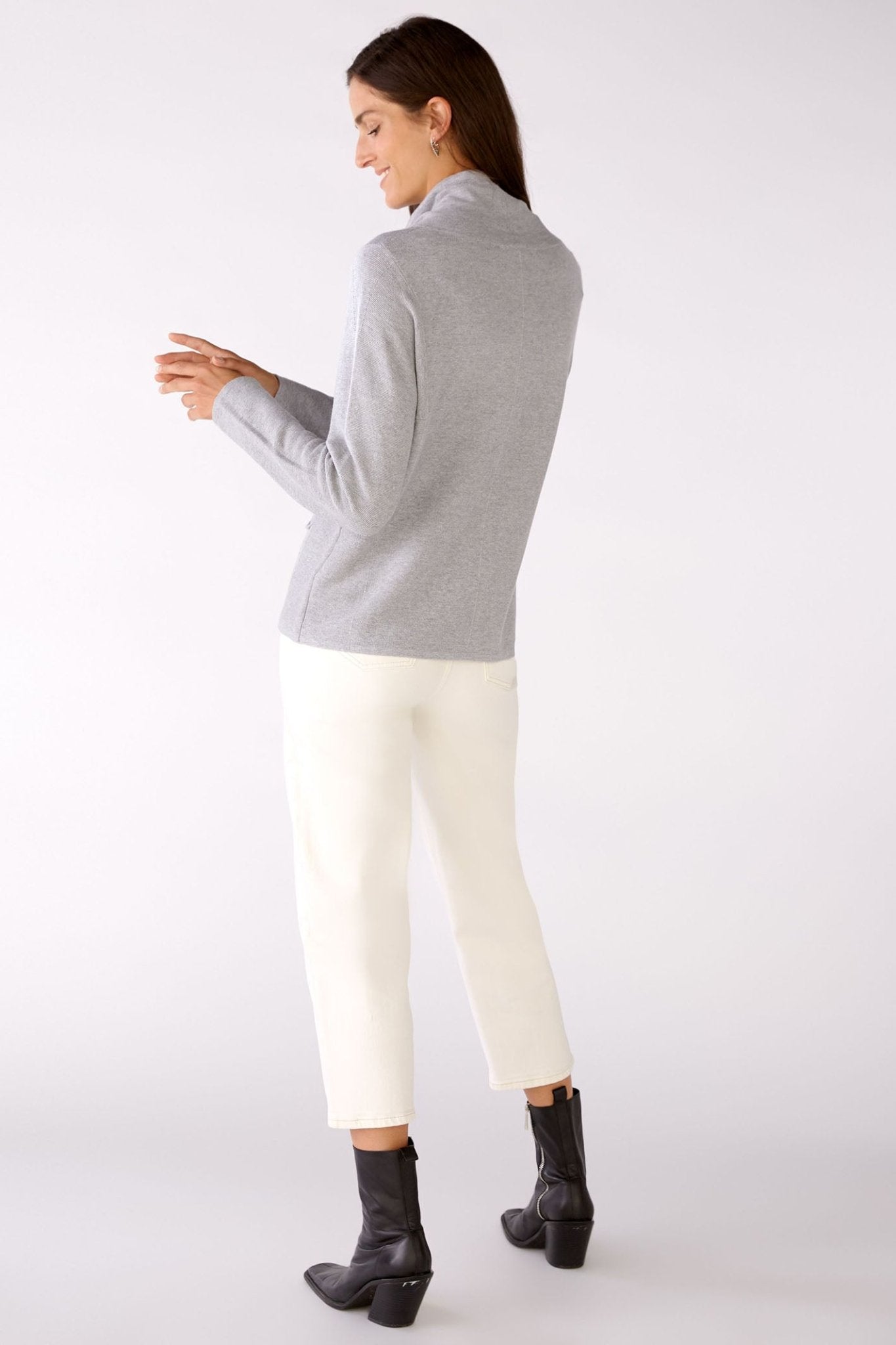 Oui 77984 Grey Drawstring Neck Jumper - Dotique Chesterfield