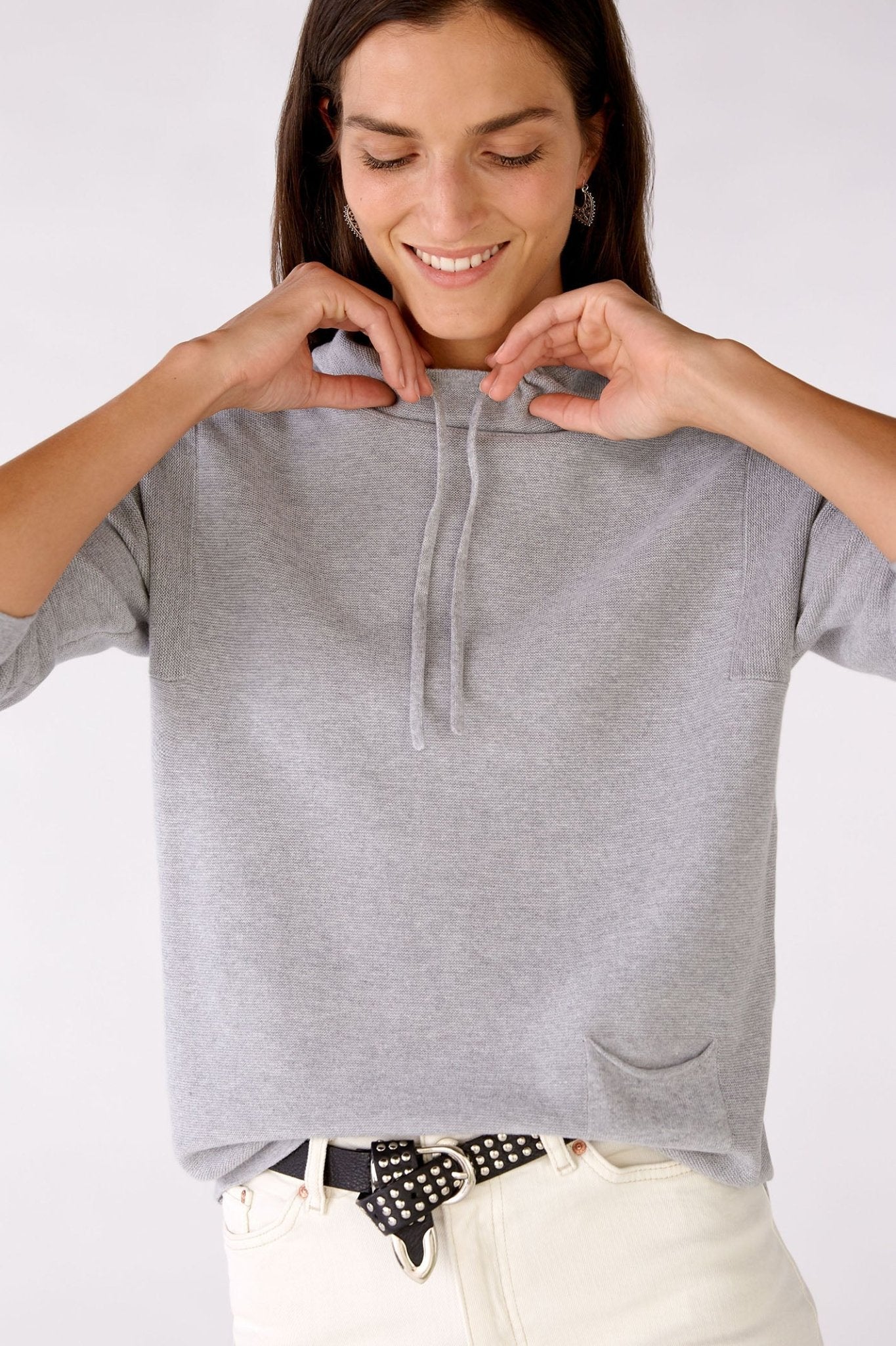 Oui 77984 Grey Drawstring Neck Jumper - Dotique Chesterfield