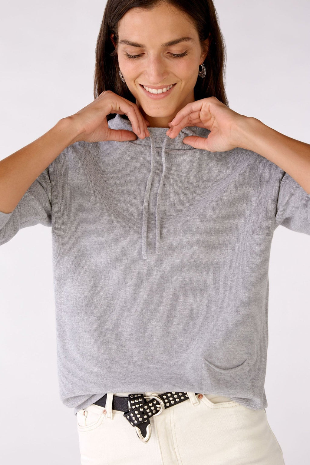 Oui 77984 Grey Drawstring Neck Jumper - Dotique Chesterfield