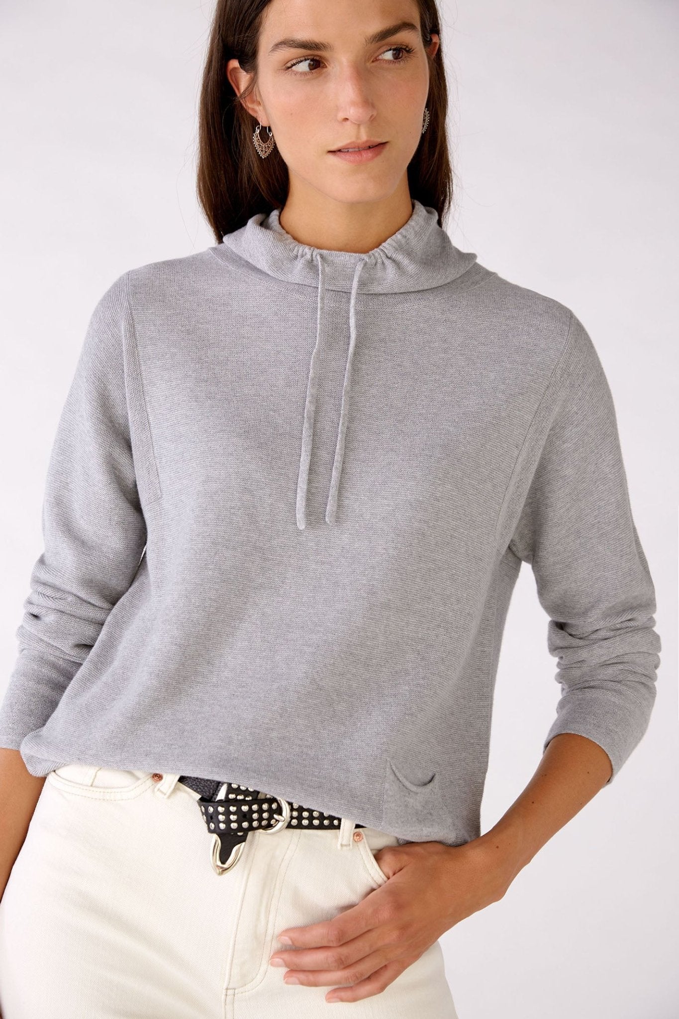 Oui 77984 Grey Drawstring Neck Jumper - Dotique Chesterfield