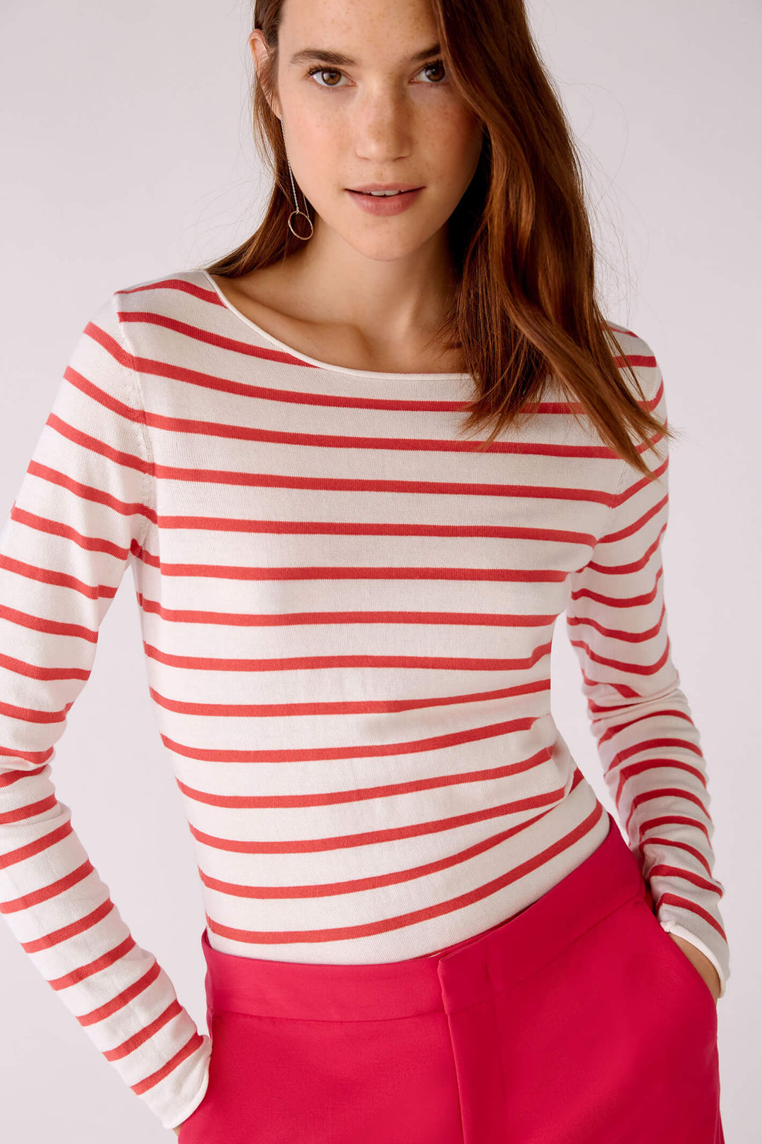 Oui 78778 Pink White Striped Wide Neck Jumper - Dotique Chesterfield