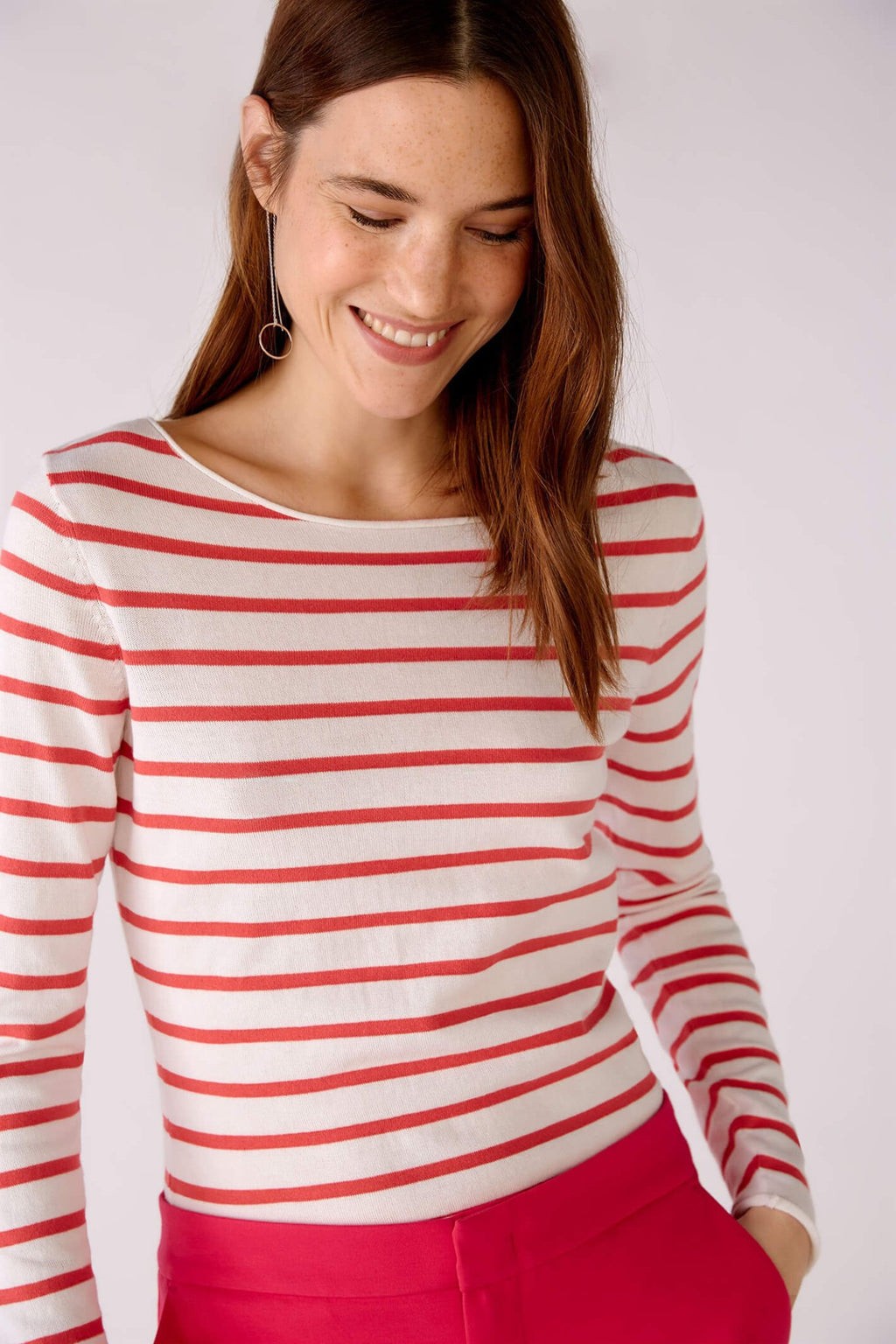 Oui 78778 Pink White Striped Wide Neck Jumper - Dotique Chesterfield