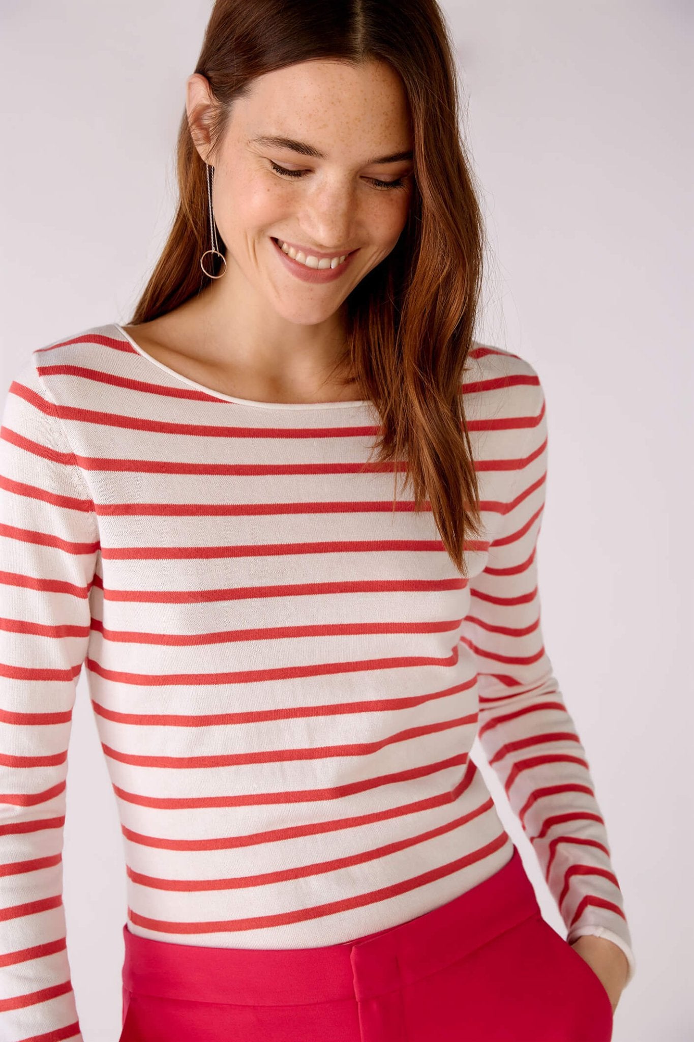 Oui 78778 Pink White Striped Wide Neck Jumper - Dotique Chesterfield